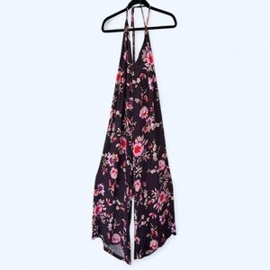 Floral Halter Wide-Leg Jumpsuit in Black & Pink